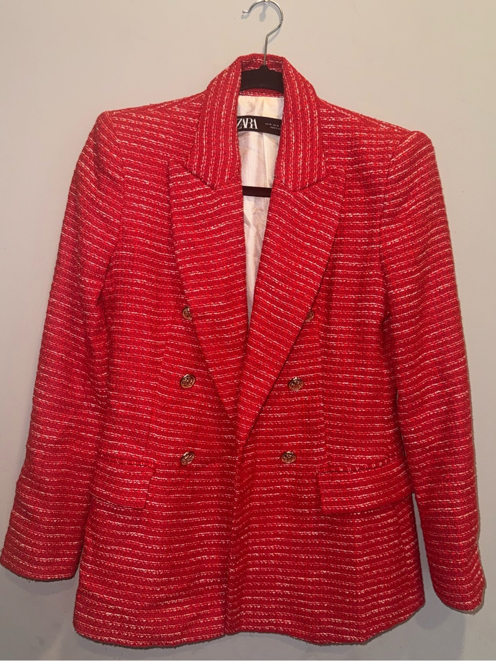 Zara Red Textured Double-Breasted Blazer